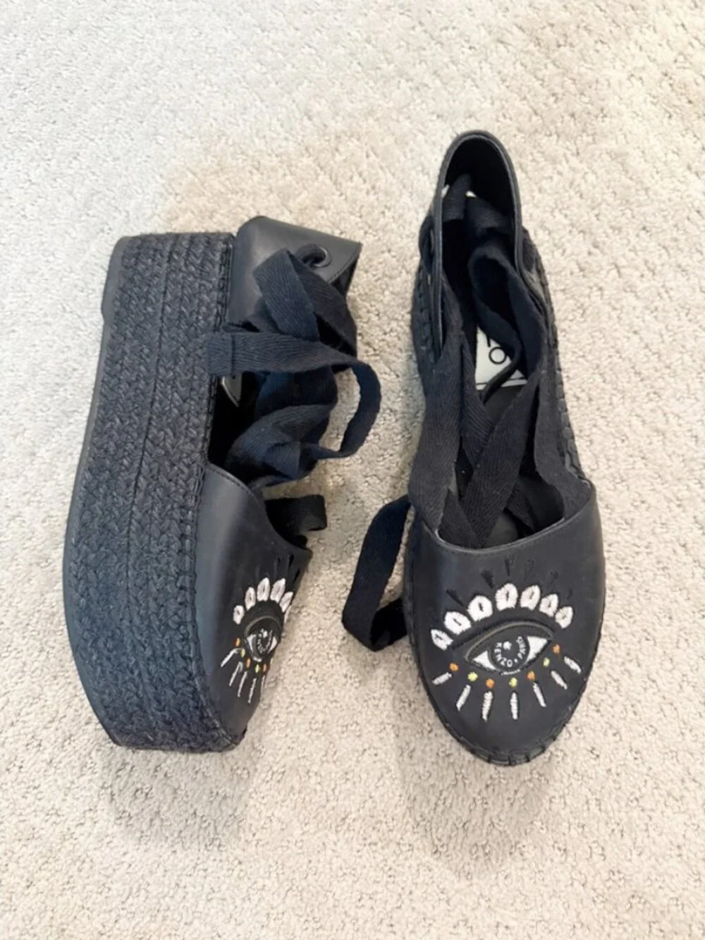 Kenzo Maya Leather Platform Espadrille Sandals Black 8 Tribal Evil Eye